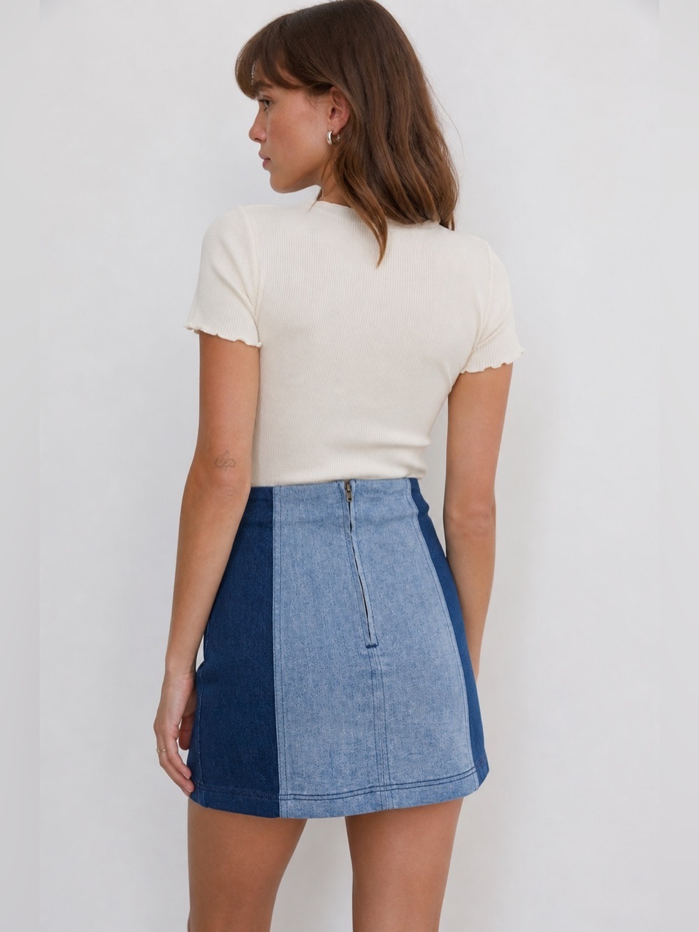 Free People Womens Modern Femme Denim Mini Skirt Sz 2 Blue Jean Colorblock Boho - Picture 3 of 8
